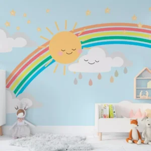 Papel De Parede Arco Íris Sol Nuvem Para Quarto De Bebê M²