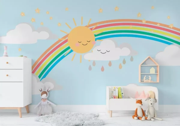 Papel De Parede Arco Íris Sol Nuvem Para Quarto De Bebê M²