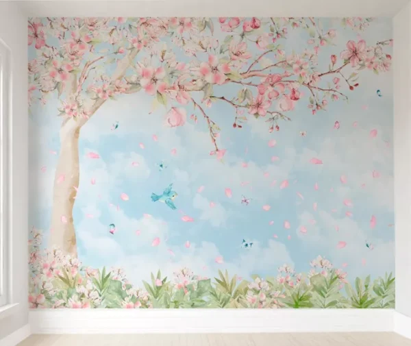 Papel De Parede Árvore Floral Pássaro Menina Vr536 - 10m²