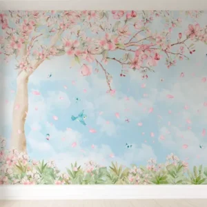 Papel De Parede Árvore Floral Pássaro Rosa Menina Pp536 M²