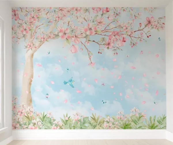 Papel De Parede Árvore Floral Pássaro Rosa Menina Pp536 M²