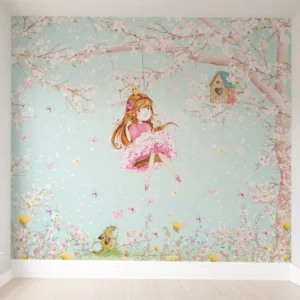 Papel De Parede Árvore Menina No Balanço Floral De M² Pp549