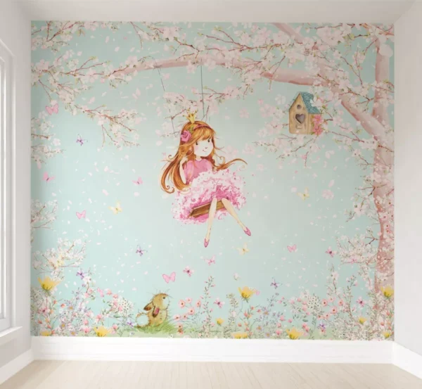 Papel De Parede Árvore Menina No Balanço Floral De M² Pp549