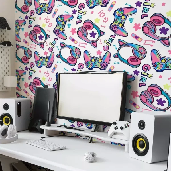 Papel De Parede Autocolante Lavável Gamer Feminino Rosa 3m