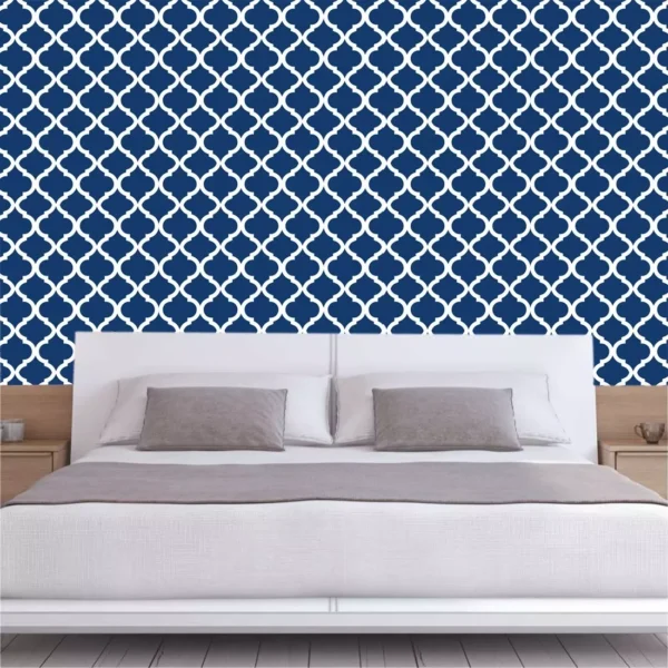 Papel De Parede Azul E Branco Arabesco Adesivo Quarto Sala