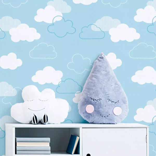 Papel De Parede Azul Nuvem Quarto Bebe Infantil Adesivo 10 M