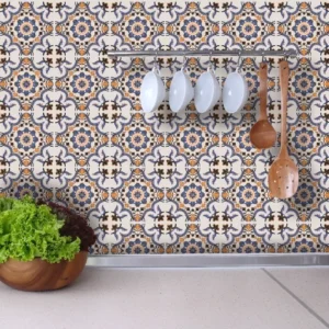 Papel De Parede Azulejo Com Tons Azul, Laranja E Preto 270