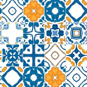 Papel De Parede Azulejo Lavável Azul E Laranja Vinil 2,8m