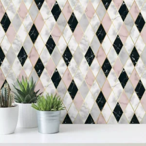 Papel De Parede Azulejo Mármore Branco Rose E Preto Oferta