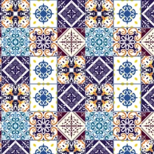 Papel De Parede Azulejo Tons Azul Laranja Cozinha Lavatório