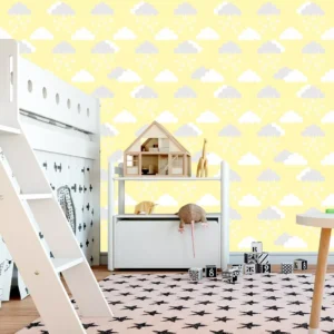 Papel De Parede Baby Infantil Nuvens Com Fundo Amarelo