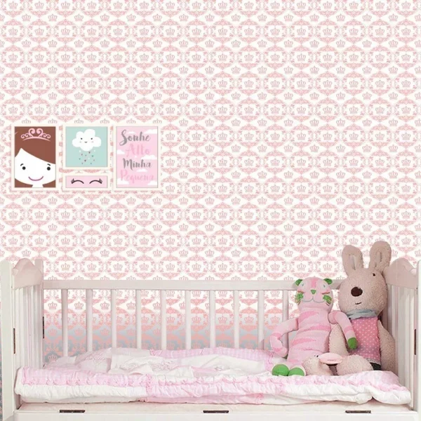 Papel De Parede Baby Menina Coroa Rosa Claro Delicado 3m