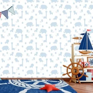 Papel De Parede Baby Safári Azul E Branco 2,50m