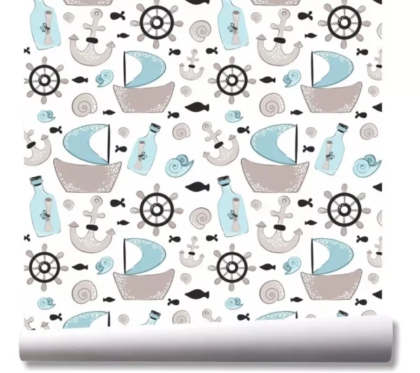 Papel De Parede Barcos Peixes Fundo Do Mar Kit 03 Rolos A237