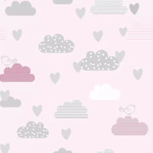 Papel De Parede Bebê Infantil Nuvem Cinza Rosa Delicado 3m