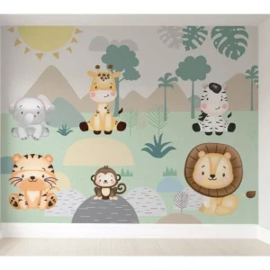 Papel De Parede Bebê Safari Animais Auto Colante - 7m² Vr221