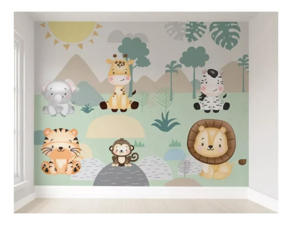 Papel De Parede Bebê Safari Animais Auto Colante - 7m² Vr221