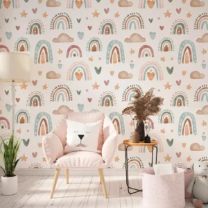 Papel De Parede Boho Infantil Arco-íris, Corações E Nuvens