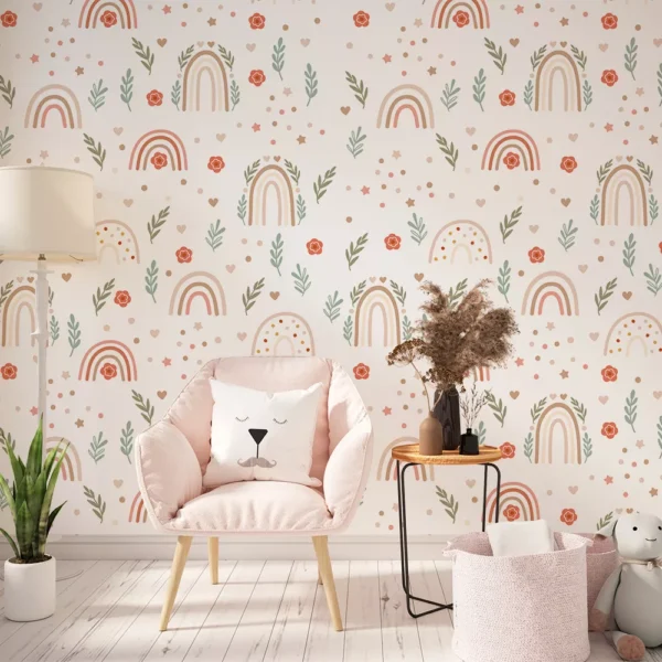 Papel De Parede Boho Infantil Arco-íris E Folhas Verdes