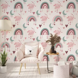 Papel De Parede Boho Infantil Arco-íris E Planetas Al 01