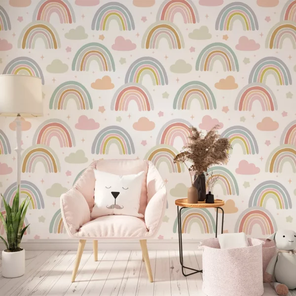 Papel De Parede Boho Infantil Arco-íris, Estrela E Nuvens