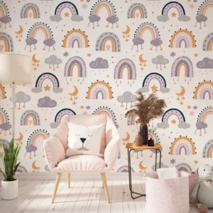 Papel De Parede Boho Infantil Arco-íris, Estrelas E Lua