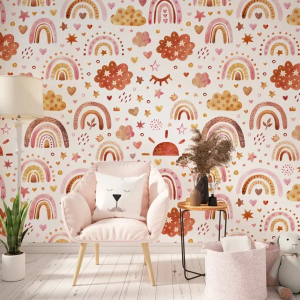 Papel De Parede Boho Infantil Arco-íris Tons Vermelhos