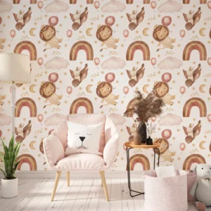 Papel De Parede Boho Infantil Leão E Coelho Com Arco-íris