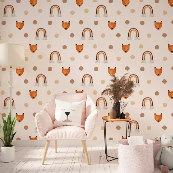 Papel De Parede Boho Infantil Raposas E Arco-íris