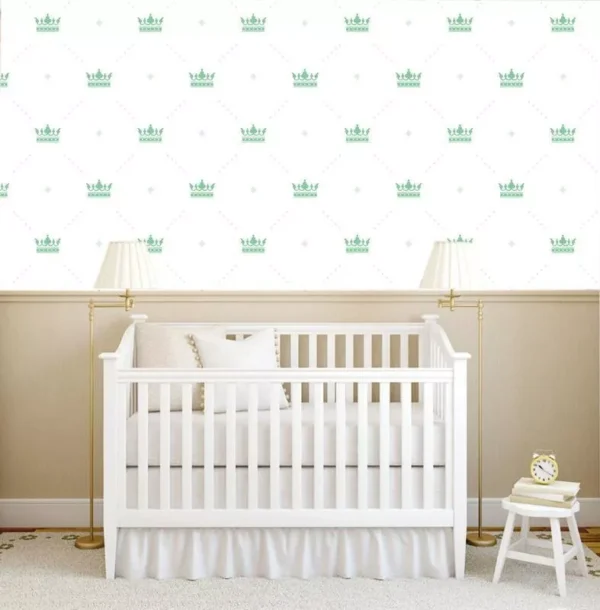 Papel De Parede Branco E Coroa Verde Infantil Bebê Adesivo