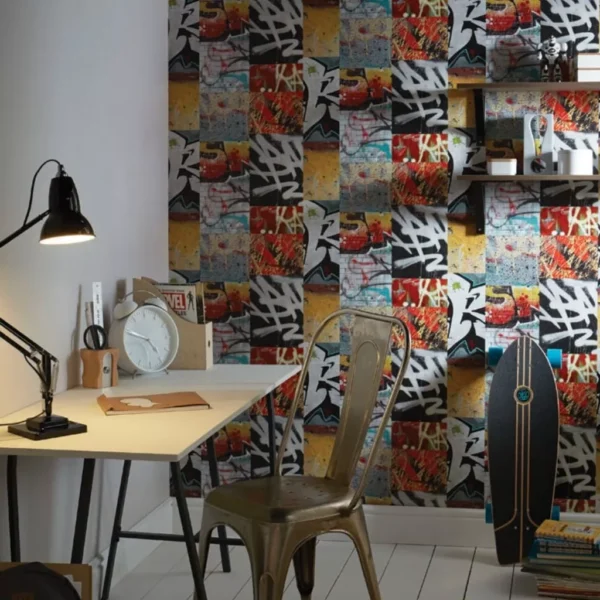 Papel De Parede Britânico Laranja Estampa Grafite Sala 4m²