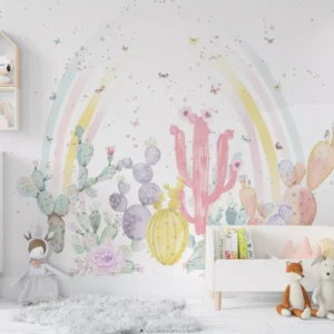 Papel De Parede Cactos Rosa Para Quarto Infantil Pp491 7m²