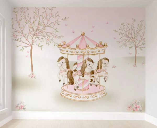 Papel De Parede Carrossel Rosa Menina Bebê Infantil M² Pp578