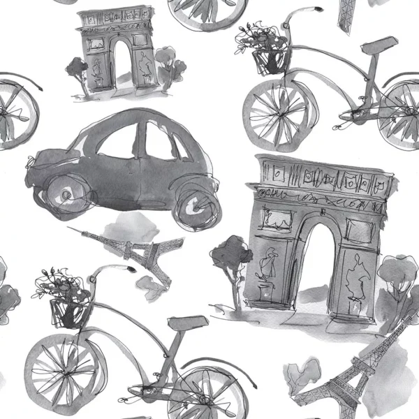 Papel De Parede Casual Vintage Bicicletas E Carros Cinza 3mt