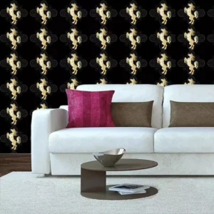 Papel De Parede Cavalo Dourado Fundo Preto Adesivo Lavavel