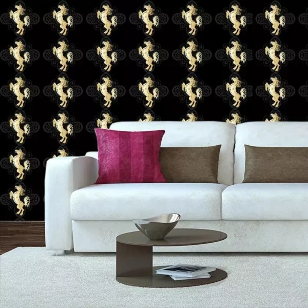 Papel De Parede Cavalo Dourado Fundo Preto Adesivo Lavavel