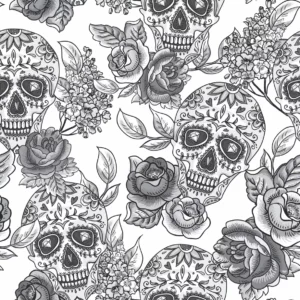 Papel De Parede Caveira Mexicana Floral Branco Preto 2,5m