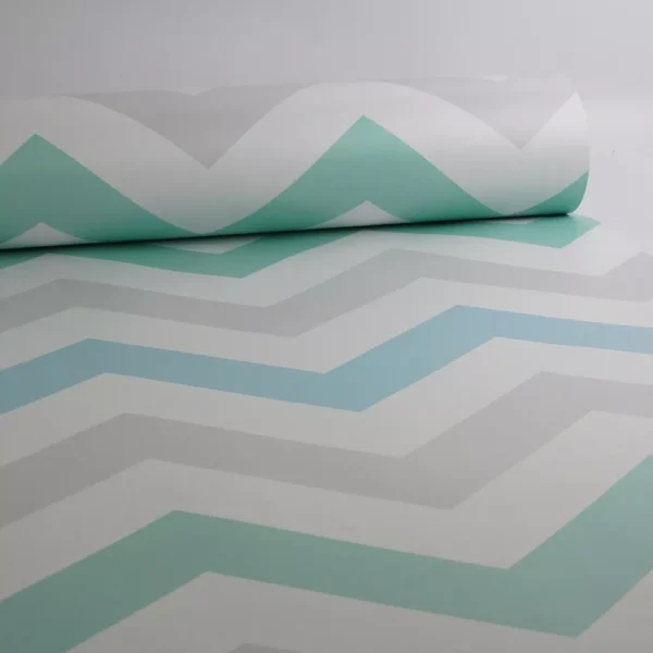 Papel De Parede Chevron Azul, Cinza E Verde 0,58x3,00m