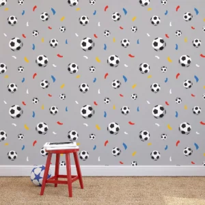 Papel De Parede Cinza Bolas De Futebol E Confete 57x270cm