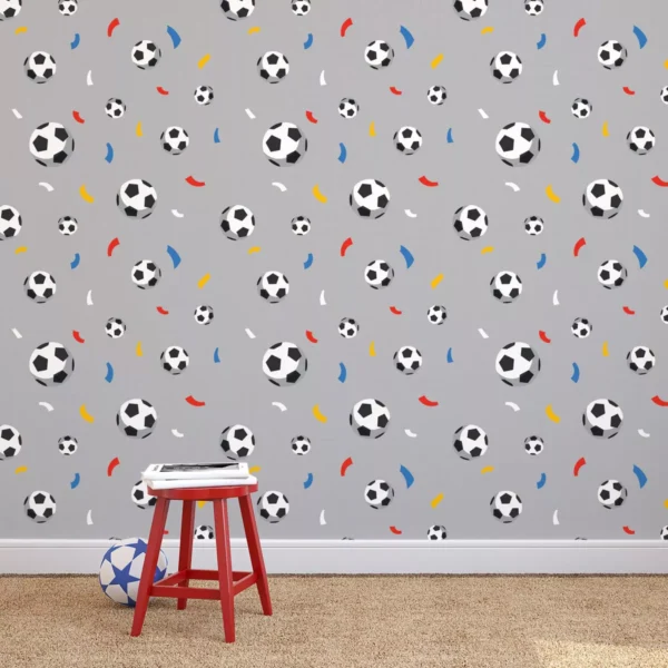 Papel De Parede Cinza Bolas De Futebol E Confete 57x270cm