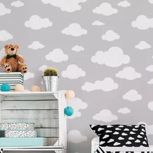 Papel De Parede Cinza Infantil Nuvem Quarto Rolo 10m