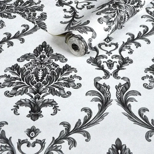 Papel De Parede Cinza Preto Damask Arabescos Alto Relevo 5m²