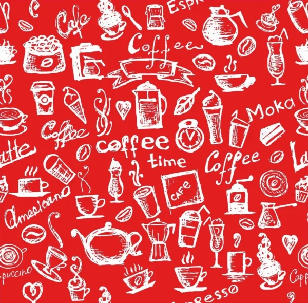 Papel De Parede Clássico Coffee Café Time Fundo Vermelho Bra