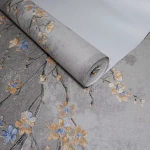 Papel De Parede Compose Estampa Flores Azul E Dourado 10mts