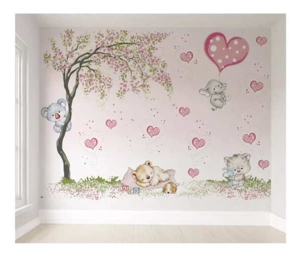 Papel De Parede Coração Amor Ursinha Gatinha Bebê 3m² Vr145