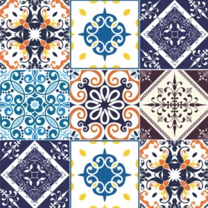 Papel De Parede Cozinha Azulejo Português Azul Laranja