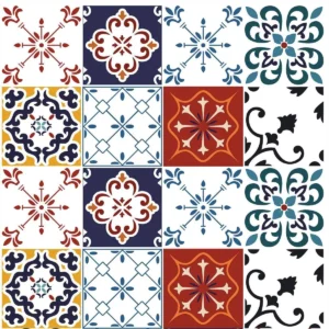 Papel De Parede Cozinha Azulejo Português Azul Vermelho 1,5m