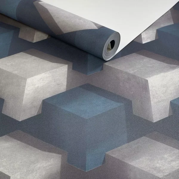 Papel De Parede Cubo Geométrico 3d Azul Com Cinza Lavável