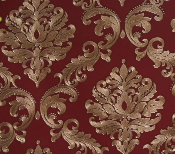 Papel De Parede Damask Vermelho Bordô, Dourado Grace 3