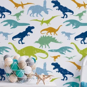 Papel De Parede Dinossauros Verde Azul Quarto Infantil 3m